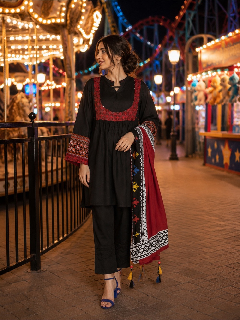 Women's Black Straight-Leg Kurta with Maroon Embroidered Yoke